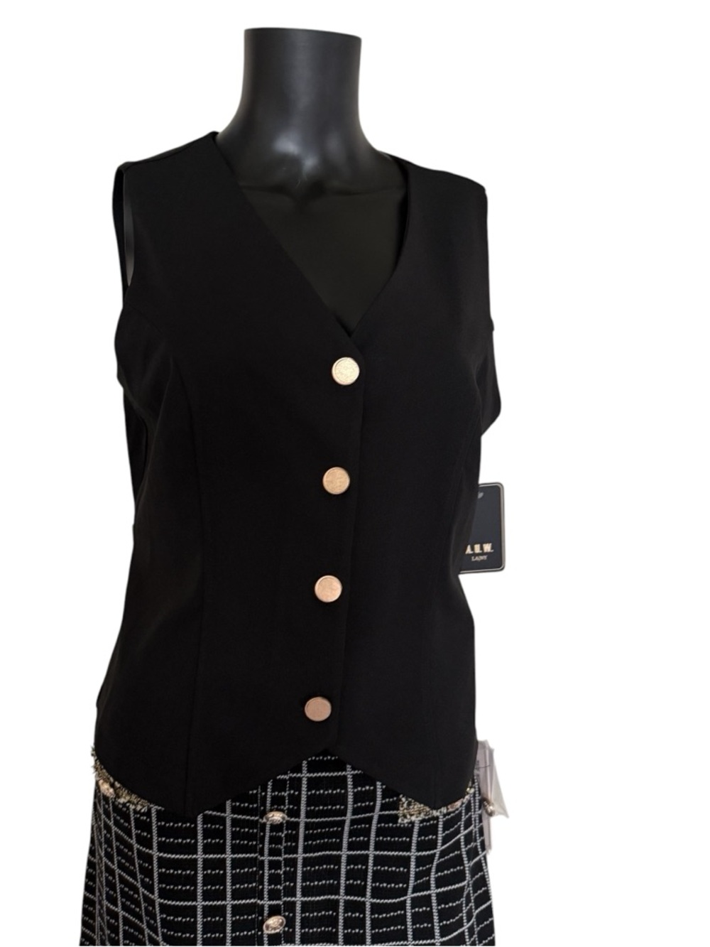 AUW Black Sleeveless V-Neck Vest with Gold Buttons